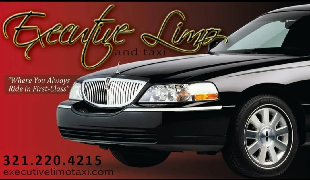 Executive Limo and Taxi promotional image with gold logo and black Lincoln Town Car
